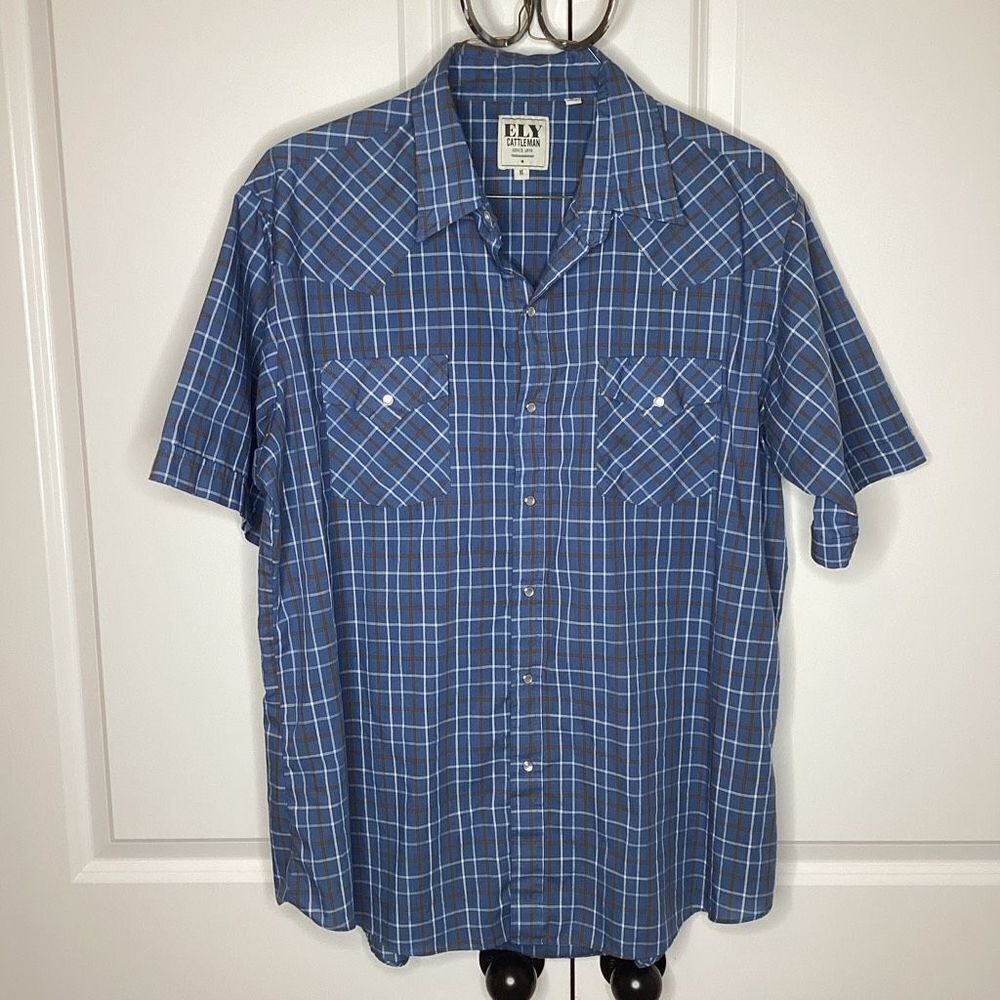Mens Ely Cattleman Short sleeved pearl‎ snap plaid western shirt XL